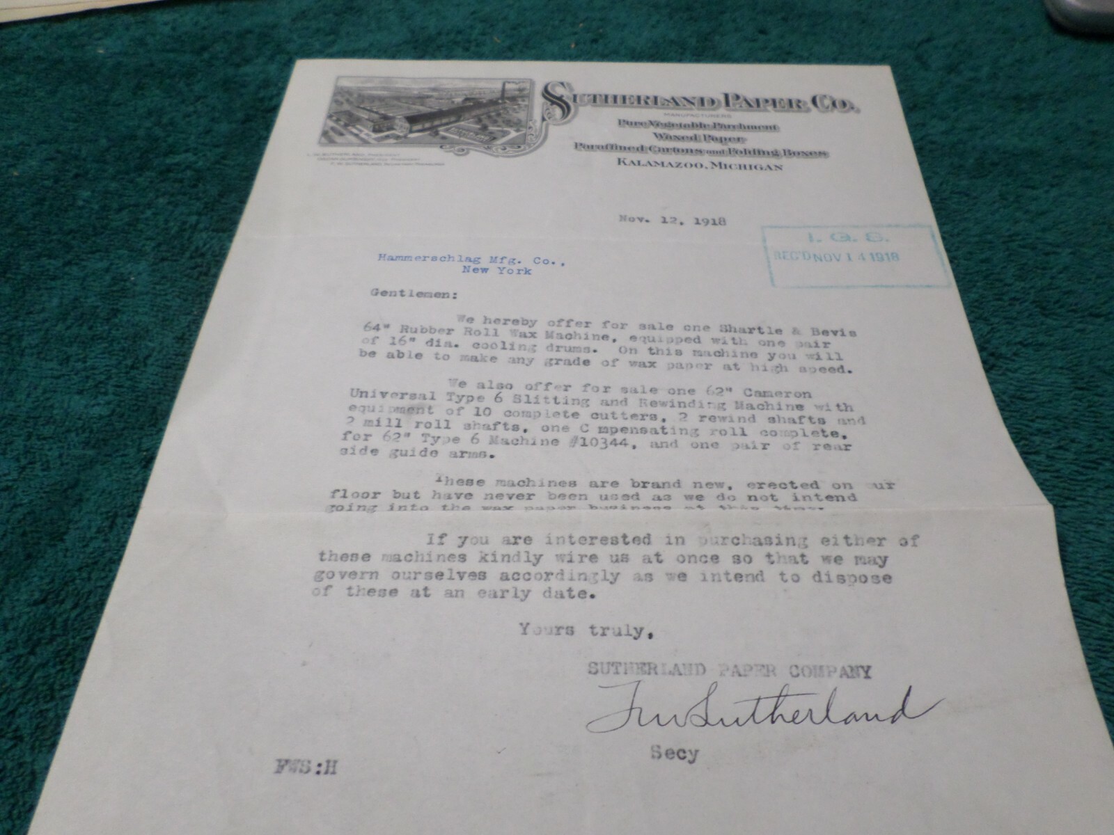 1918 Letter, Sutherland Paper Co. Kalamazoo MI, Autograph F.W