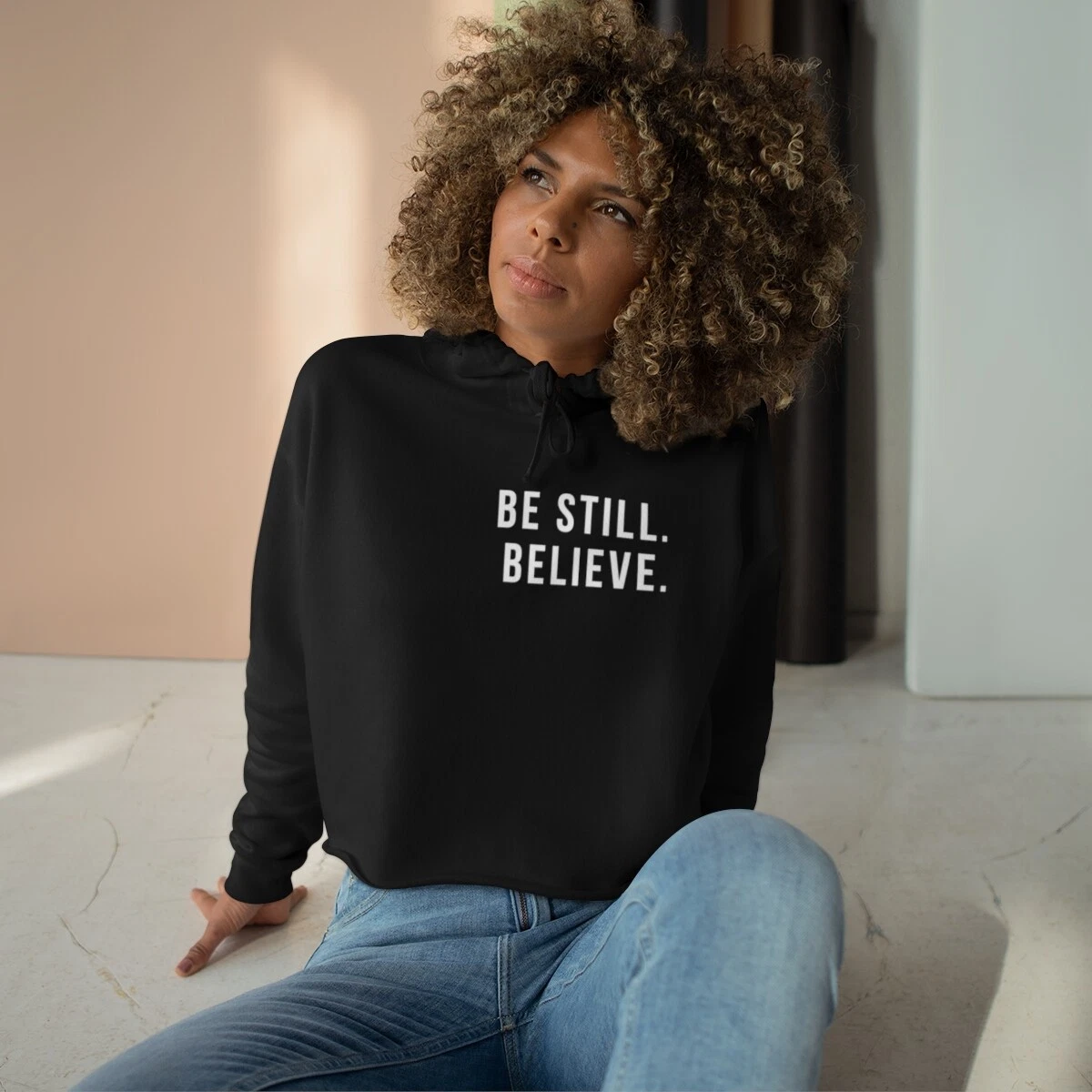 Christian Women's Black and White Motivational Crop Hoodie w/Minimal Design
Opens in a new window or
