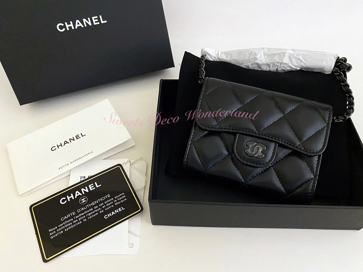 100% AUTHENTIC CHANEL SO BLACK CLASSIC FLAP MINI WALLET CARD HOLDER WITH  CHAIN