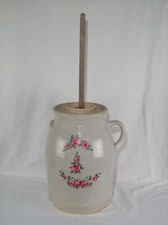 Primitive Stoneware Butter Churn With Floral Design ~ Comes With Lid & Dasher !