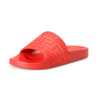 Versace Men's Deep Red ''Greca'' Print Embossed Pool Slide Flip Flops Shoes