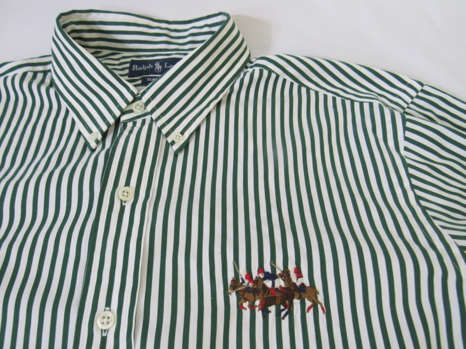 Polo Ralph Lauren uomo XL triplo pony manica lunga verde a righe camicia con bottoni