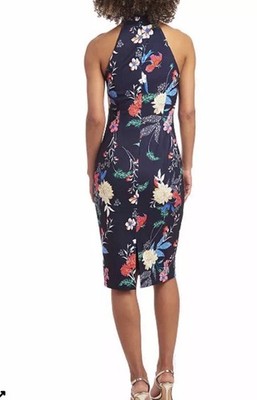 Rachel Rachel ROY Womens Navy Stretch Pleated Zippered Darted Lined Floral Sleeveless Halter Knee Length Evening Sheath Dress L, Navy