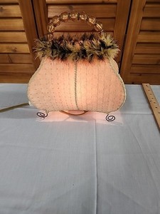 Vintage Purse Cream Color Table Lamp Beaded Handle Fur Trim Night Light