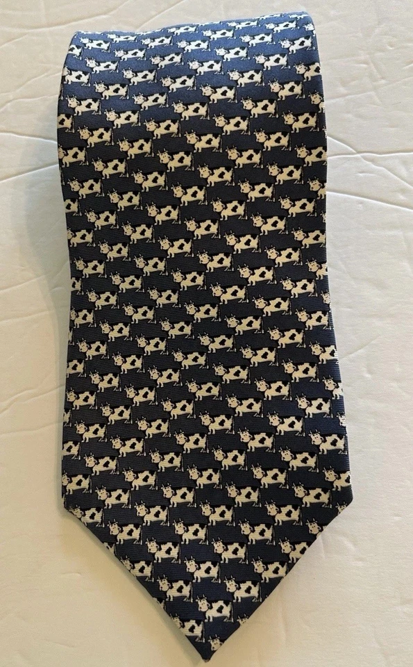 "Corbata BEAUFORT 3,75"" Estampado de Corbata de Vaca Granja Azul Seda Italiana Cuello Corbata Granero Lechero" Foto 3 de 4