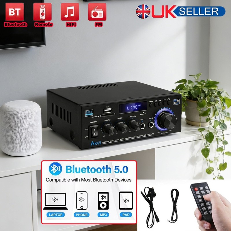 Bluetooth 2.0 Digital Power Amplifier Stereo HiFi Audio 2 Channel USB FM +Remote