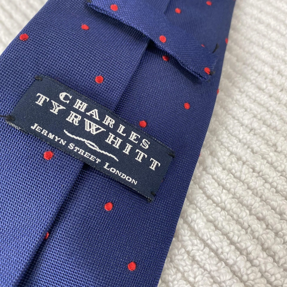 Corbata Charles Tyrwhitt Para Hombre Grande Azul Marino Rojo Lunares 100% Seda Foto 4 de 4