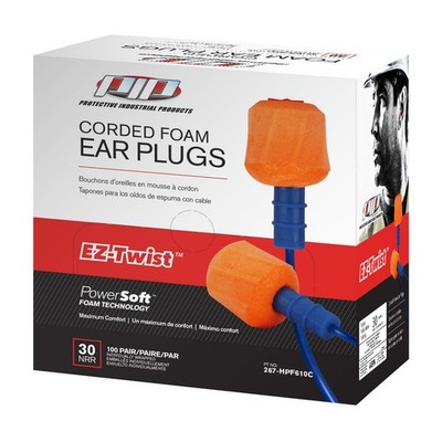 PIP EZ-Twist Disposable Soft PU Foam Corded Ear Plugs, NRR 30, Box of 100