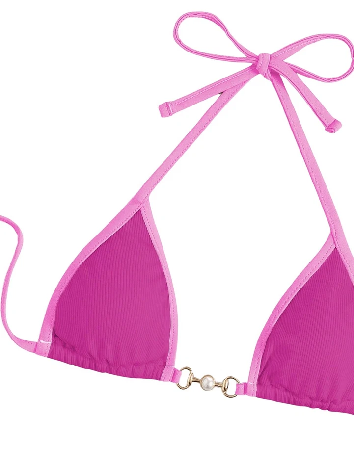 Maillot de bain deux pièces femme bikini brésilien rose avec perles et anneaux - - Photo 4/4