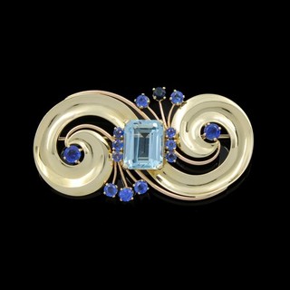 Tiffany & Co. Retro 14k 5.41ct Aquamarine 2.25ctw Sapphire Brooch #J238194 1