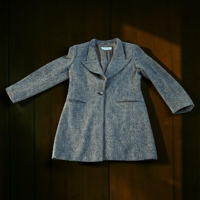 MaxMara Damen Mantel Tweed grau D 42 halblang gefüttert Knopf Taschen Schurwolle