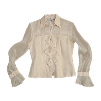 Marisa Baratelli Fitted Blouse Womens 10 Ivory Beige Thai Silk Elegant Bow Fancy