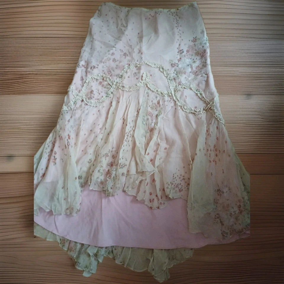 Ronit Zilkha 100% Silk Pink Floral Ladies Dipped Hem Skirt UK 14, W32 - Image 2 of 4