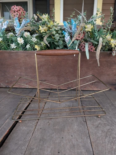 Vintage Mid Century Modern Gold Metal Drink Caddy Barware w/Wooden Walnut Handle