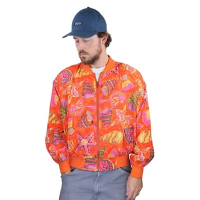 Vintage Carol Horn 100% Silk Bomber Jacket L 80s 90s Colorful Seashell Starfish