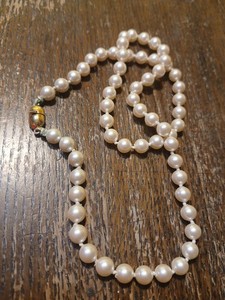 Vtg Monet Knotted Pearl Necklace Oval Gold Tone Push Lock Clasp Mid Century?