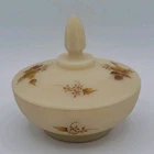 Fenton Chocolate Roses on Cameo Satin Lidded Bowl Candy Powder Jar Signed