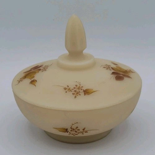 Fenton Chocolate Roses on Cameo Satin Lidded Bowl Candy Powder Jar Signed