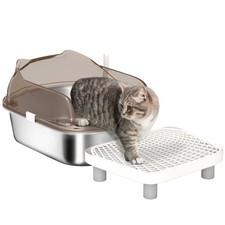 PawHut Stainless Steel Litter Box, Cat Litter Tray w/ Lid, Pedal, Scoop