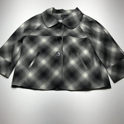 D.F.A. New York Jacket Womens Large Gray White Plaid 3 Button Cropped Stretch