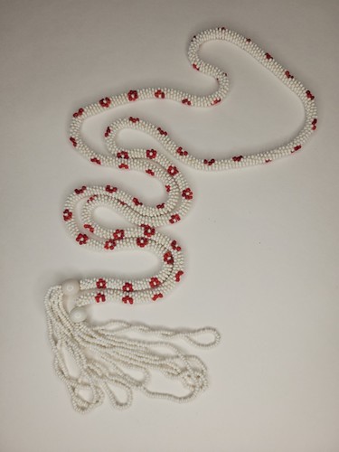 Vintage Antique Heavy Red White Floral Glass Sead Beads Tassels Flapper Necklace - Picture 6 of 8
