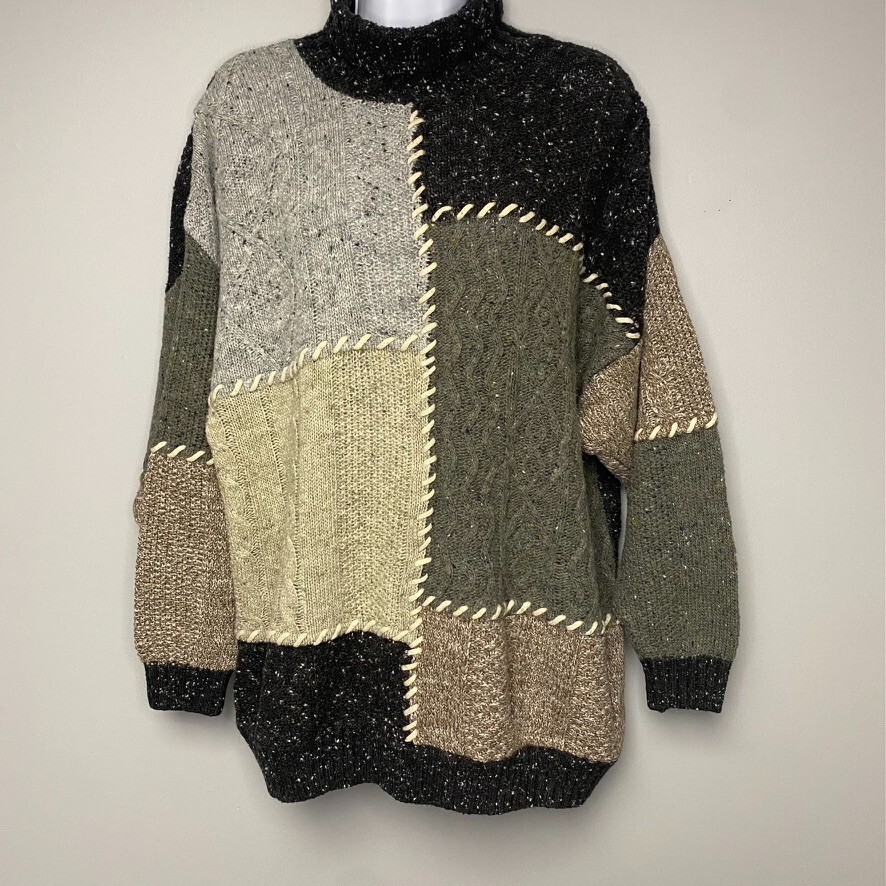 Womens Grey Cableknit Patchwork Grandmacore Wool … - image 1