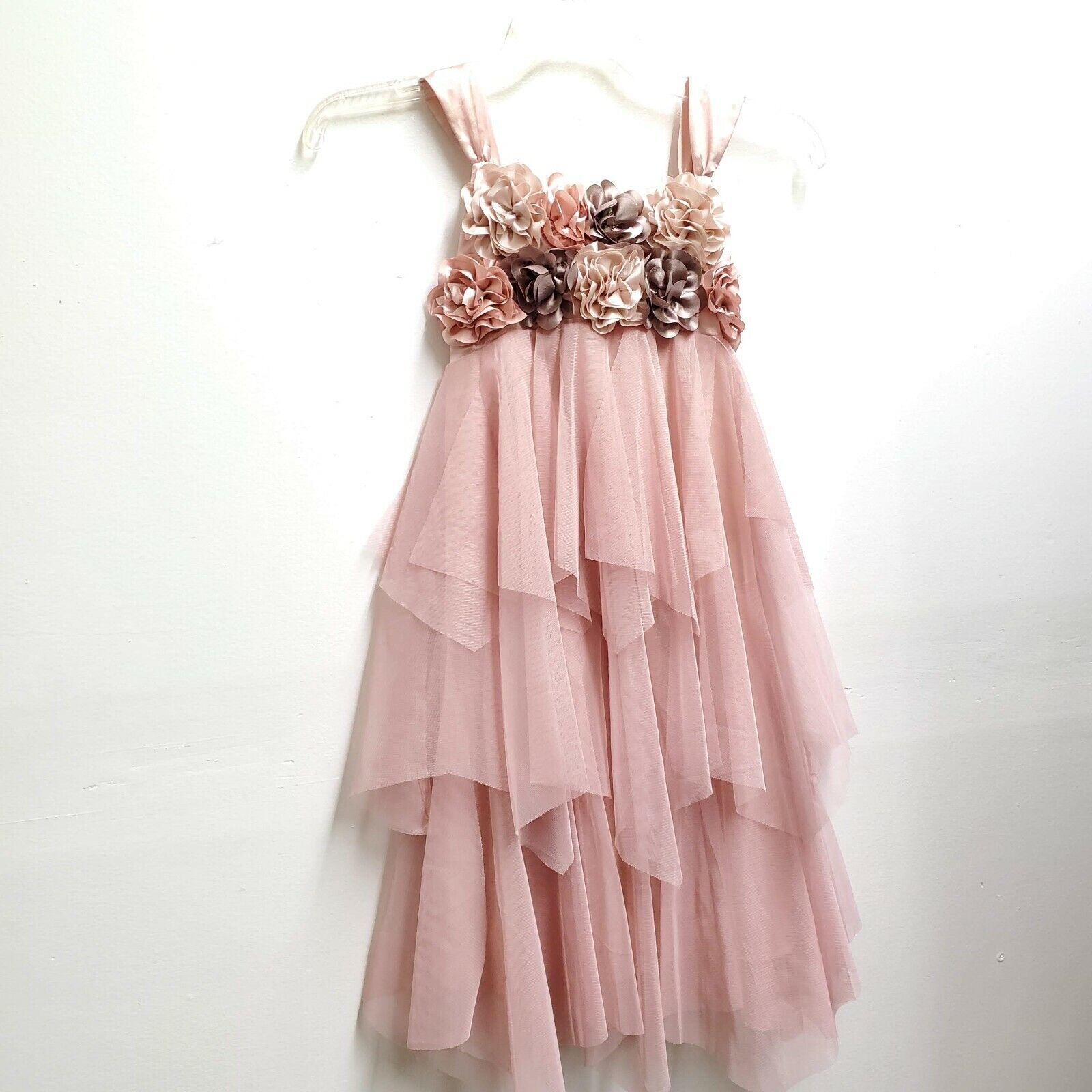 Girls pink Biscotti collection dress size 7 silky flowers tiered ruffles