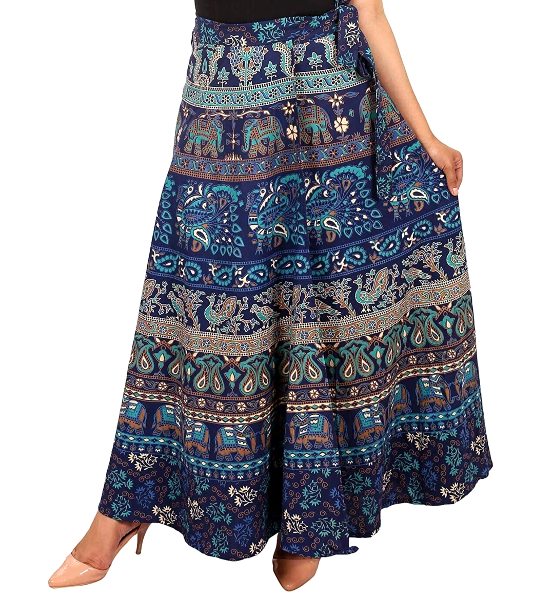 Indian Woman Elephant Mandala Cotton Wrap Skirt Around Maxi Dress Blue Long  Gown | eBay