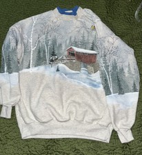 Sudadera Vintage Puff Paint Mujer L Invierno Gráfico Cubierto Puente Escena de Nieve