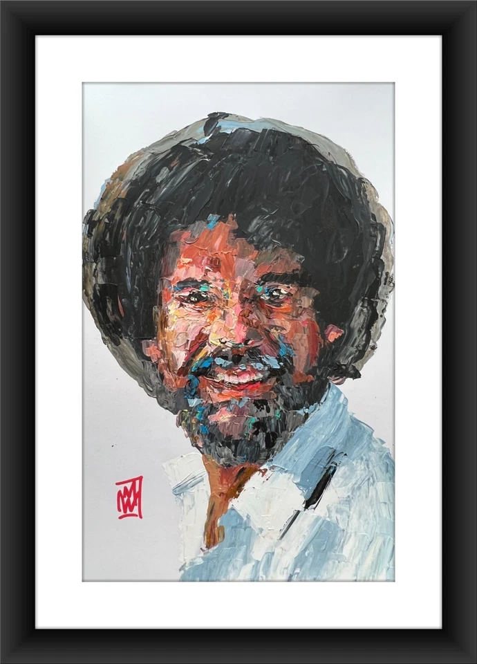 Retrato abstrato Bob Ross Impasto paleta faca arte pintura original 11x17" - Imagem 2 de 2