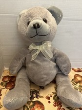 11" Sitting Gray Teddy Bear w/ Ivory Bow Plush Soft Cuddly Stuffed Toy