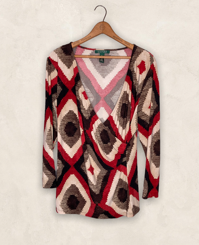 Lauren Ralph Lauren XL Red Brown Southwestern Ikat Faux Wrap Stretch Jersey Top