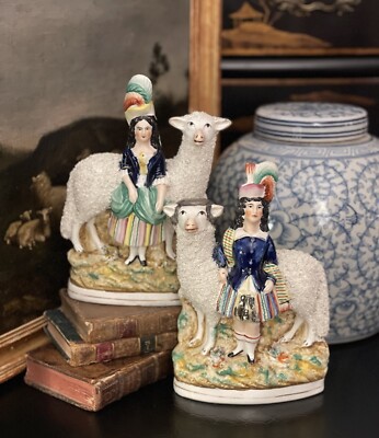 Stunning RARE 19C English Staffordshire Giant Sheep Lamb Noble Mantle Pair 8.75 