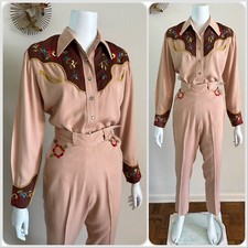 1940s 2 pc Western Suit Cowgirl Rodeo Pearl Snap Shirt  Side Zip Pants Set VTG