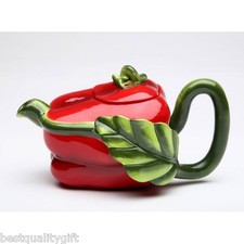 COLLECT. FUNCTIONAL CERAMIC DARK RED BELL PEPPER+GREEN STEM HANDLE TEAPOT-20802