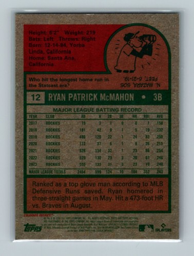 2024 Topps Heritage #12 Ryan McMahon Chrome /699 Colorado Rockies - Picture 2 of 2