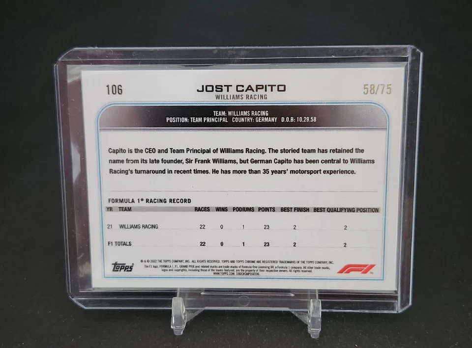 Jost Capito  2022 Topps Chrome Formula 1 F1 Crew Team Pink Refractor /75  #106 - Image 2 of 3