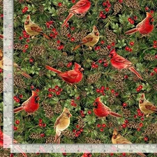 Christmas Fabric | Joyful Cardinal Holly Metallic | Timeless Treasures YARD