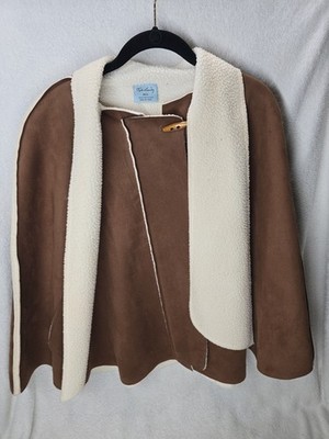 Women's One Size Brown Faux Suede Poncho Cape Toggle Button Sherpa Lined Jacket
