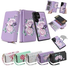 For Samsung Galaxy S26 Ultra S25Women Floral Purse Zipper Detachable Wallet Case
