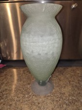 Stunning Crackle art glass vase in sea glass green hand blown satin 9.5" deco