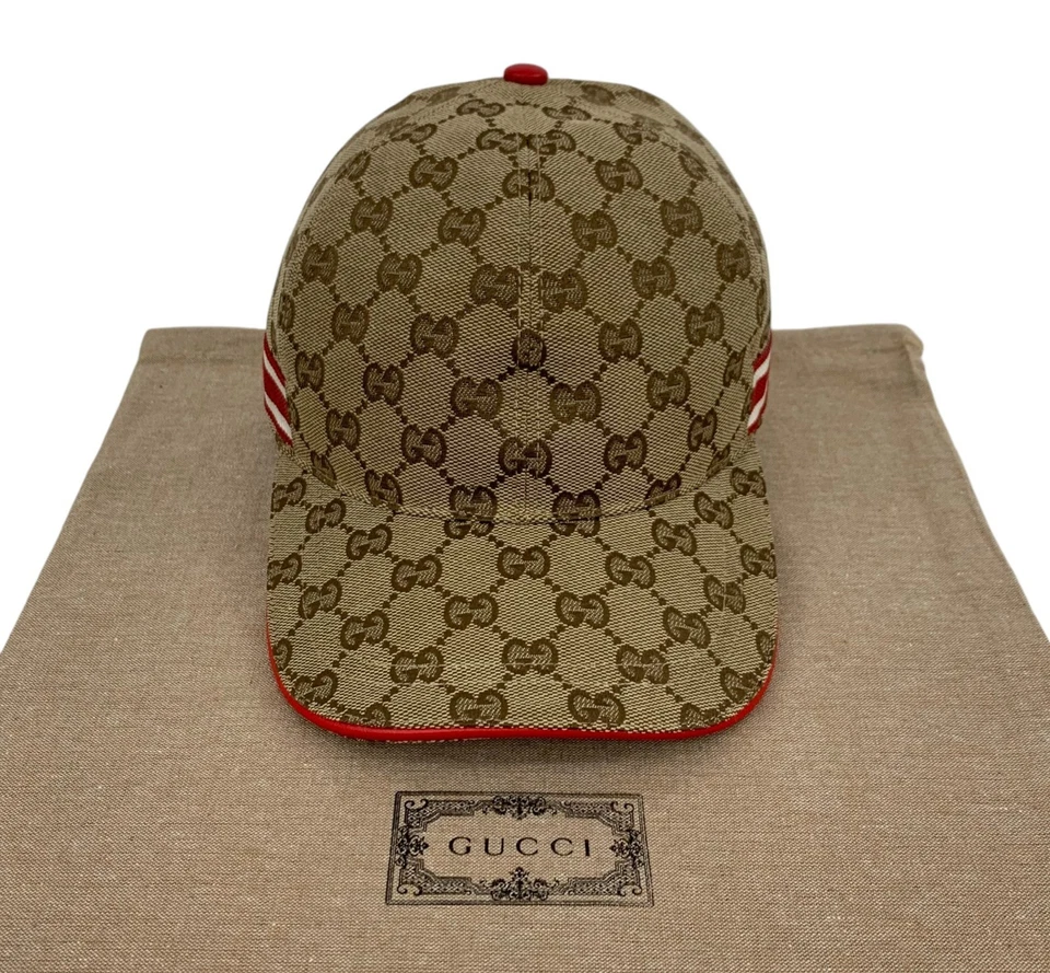 Gucci GG Monogram Red Web Stripe Beige Baseball Cap Hat Size M - Image 2 of 4