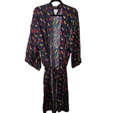Reckless Vintage 100 Silk Robe Abstract Geometric Print Kimono Blue Green Large