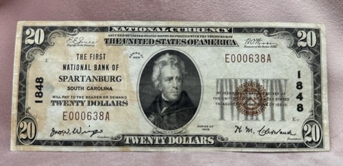 1929 Twenty Dollars $20 National Currency - Spartanburg South Carolina #1848