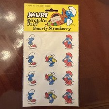 Vintage 1982 Smurf Scratch N Sniff Stickers Sheet strawberry opened-missing one
