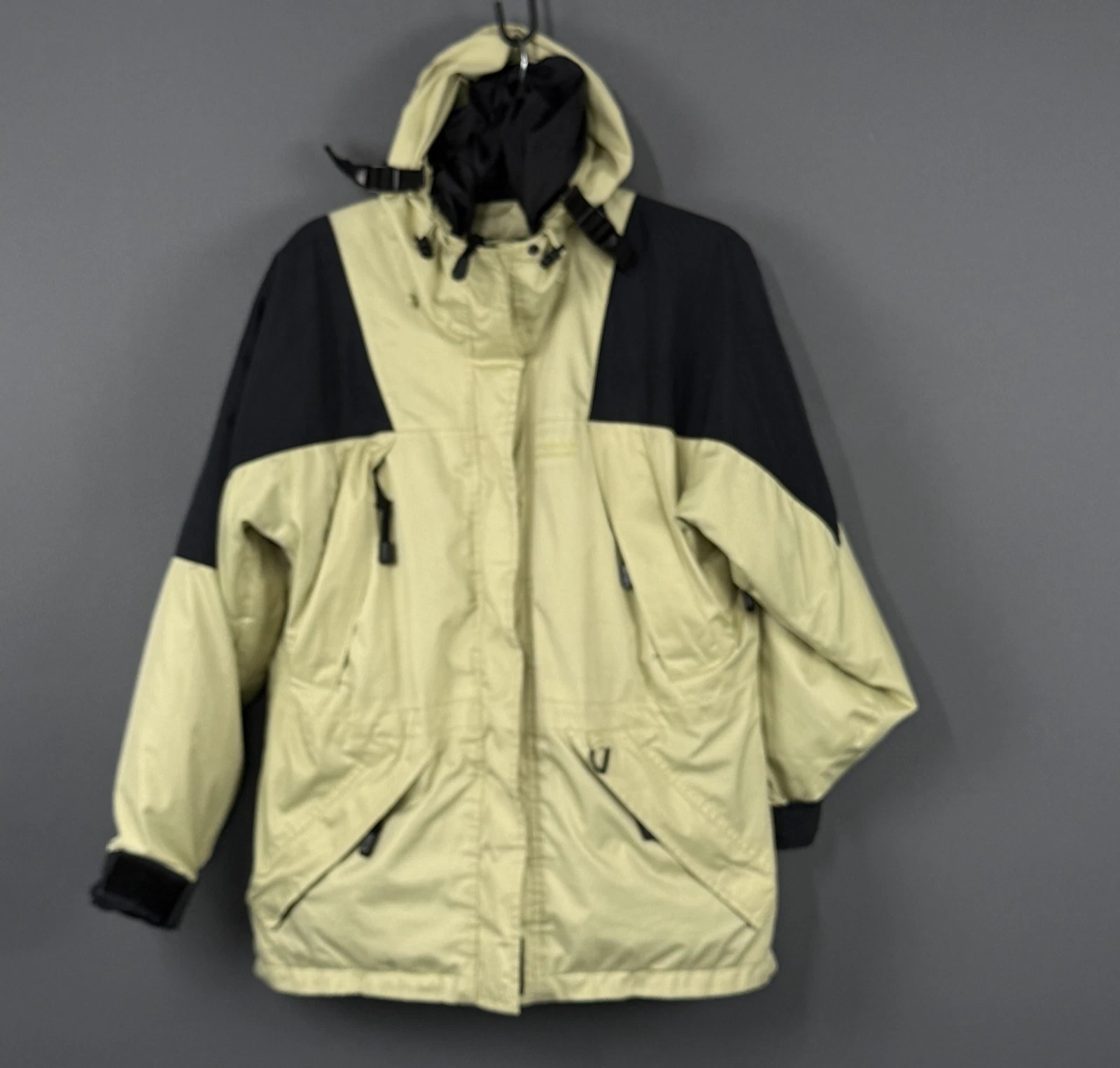 Precision Mountainwear Jacket Womens Medium Beige Black Hooded Outdoor Snow Ski