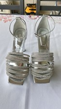 Simkhai Silver Cristal Embellished Square Toe Block Heel Sandals Size 7.