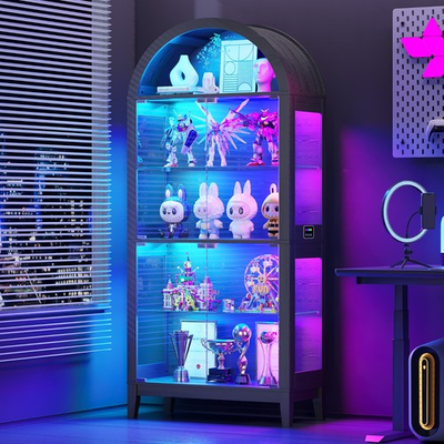 #ad #ad Black Curio Cabinet with Glass Doors 69quot; Arched Display Cabinet with RGB Lights $228.99