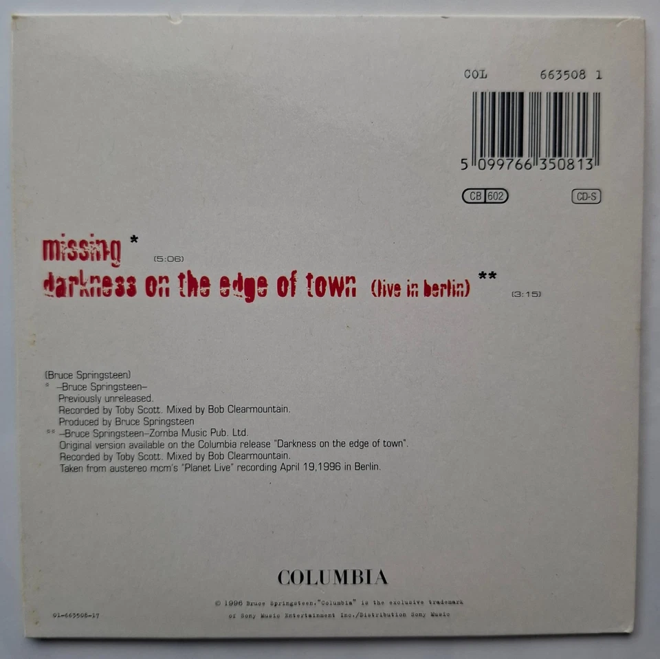 Bruce Springsteen – Missing CD Single (1996) Cardsleeve 2 Tracks Maxi CD - Bild 3 von 4
