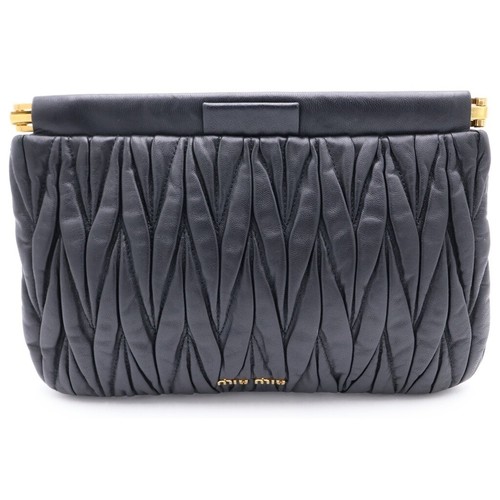 Miu Miu Matelasse Black Leather Clutch Bag Gold Tone Logo Women 25cm 16.5cm
